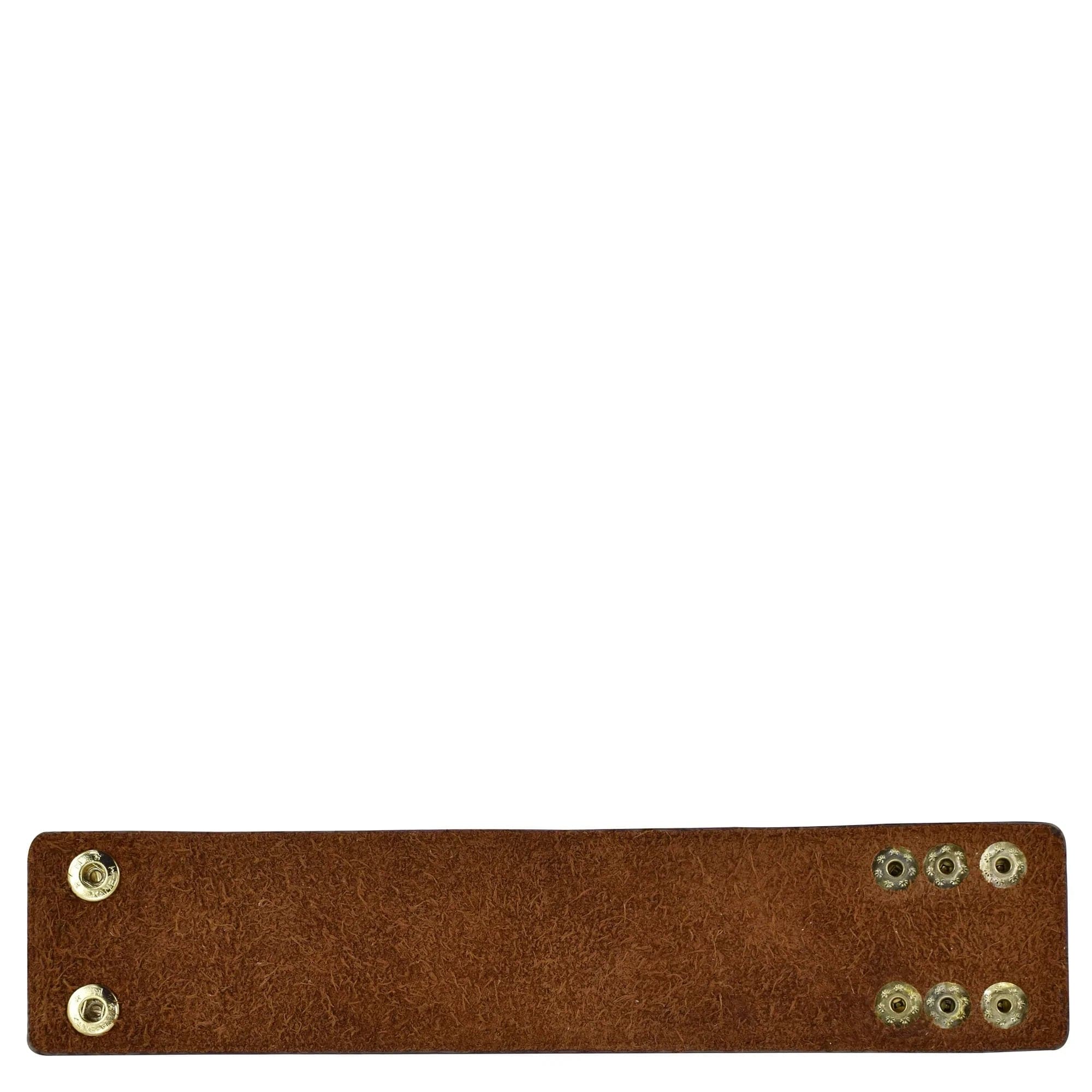 Genuine leather strap with metal rivets on a white background.