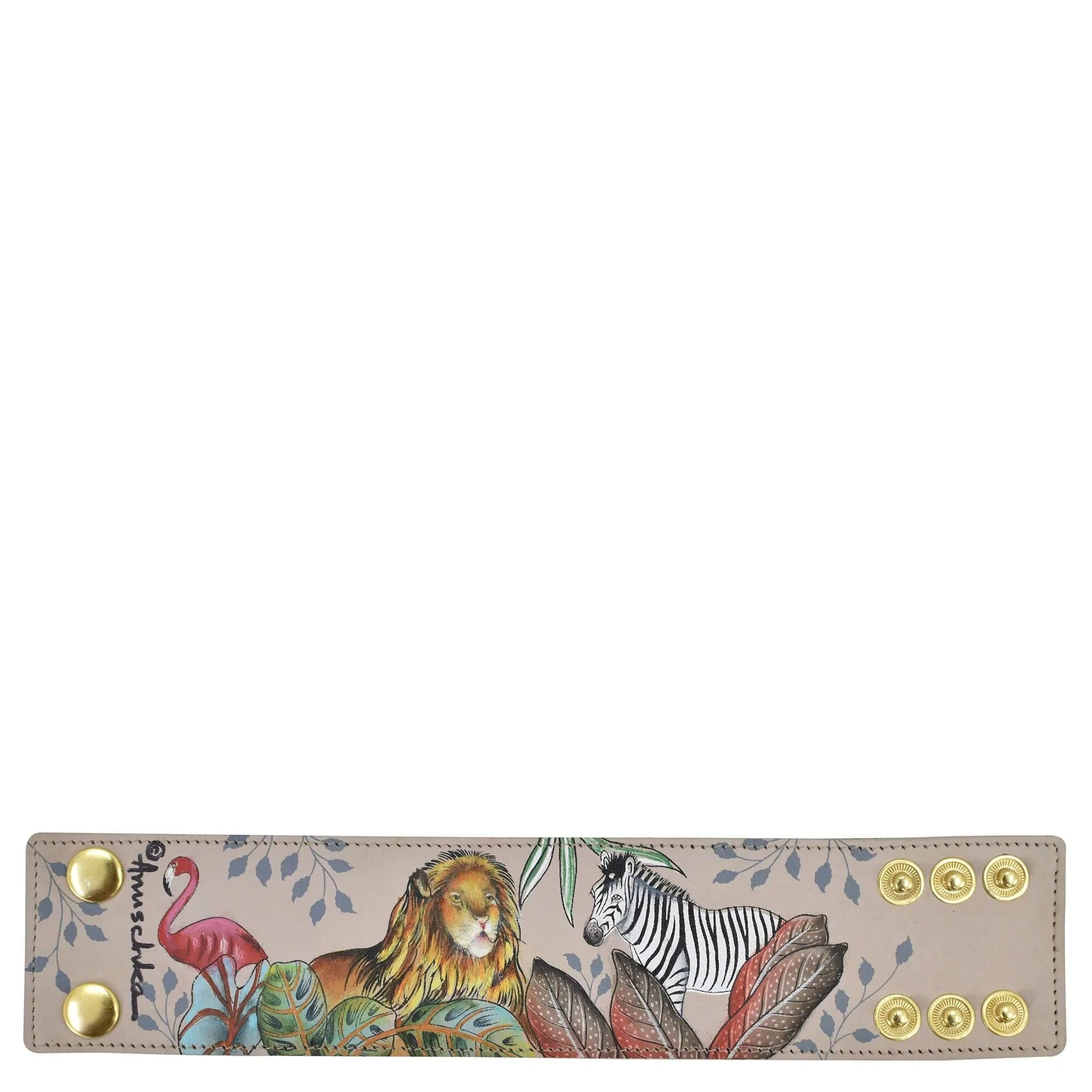 Animal-themed decorative wall hook with hand-painted original artwork illustrations of a flamingo, lion, and zebra by Anuschka.