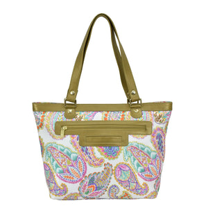 Boho Paisley Fabric with Leather Trim Zip Top City Tote - 12005