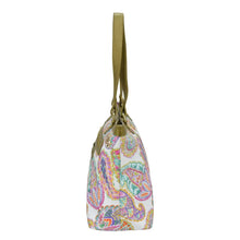 Load image into Gallery viewer, Colorful paisley-patterned Fabric with Leather Trim Zip Top City Tote - 12005 shoulder bag by Anuschka with leather shoulder strap.
