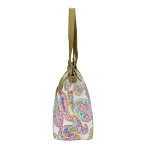 Colorful paisley-patterned Fabric with Leather Trim Zip Top City Tote - 12005 shoulder bag by Anuschka with leather shoulder strap.