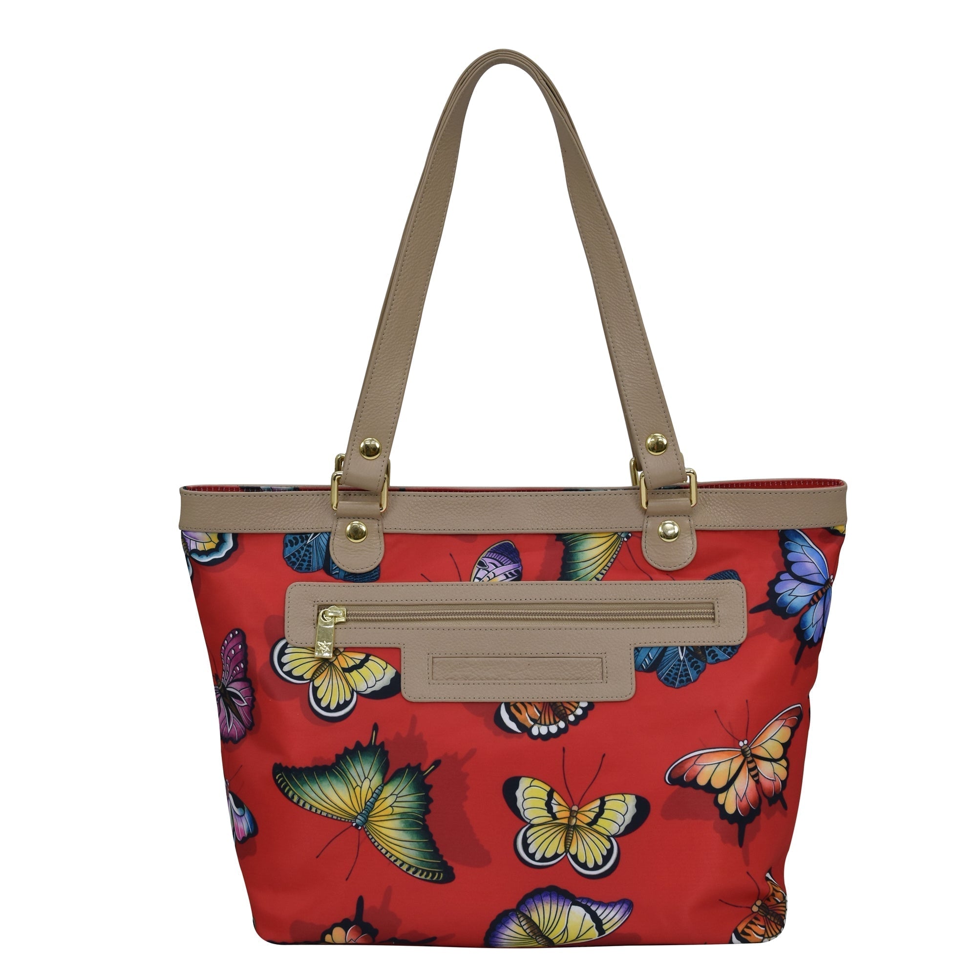 Butterfly Heaven Ruby Fabric with Leather Trim Zip Top City Tote - 12005