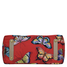 Load image into Gallery viewer, Colorful butterfly-patterned Fabric with Leather Trim Zip Top City Tote - 12005 by Anuschka on a white background.
