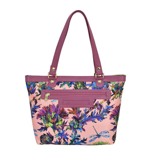Dragonfly Meadow Fabric with Leather Trim Zip Top City Tote - 12005