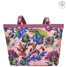 Load image into Gallery viewer, Dragonfly Meadow Fabric with Leather Trim Zip Top City Tote - 12005
