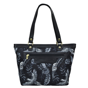 Jungle Macaws Fabric with Leather Trim Zip Top City Tote - 12005
