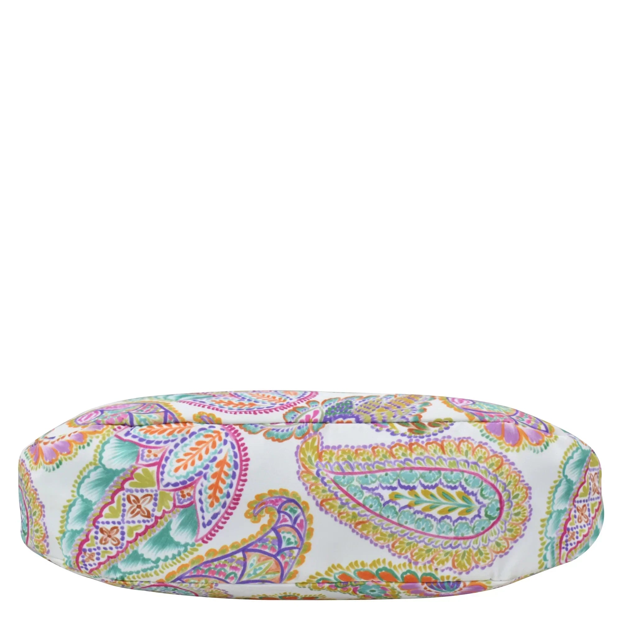 Colorful paisley patterned cushion with zippered pockets on a white background Anuschka Fabric with Leather Trim Large Sling Hobo - 12010.