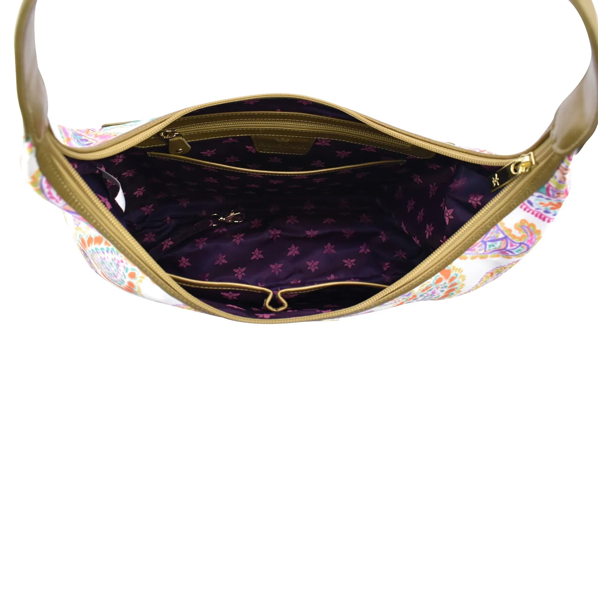 Open Anuschka Fabric with Leather Trim Large Sling Hobo - 12010 showing empty interior with patterned lining and zippered pockets.
