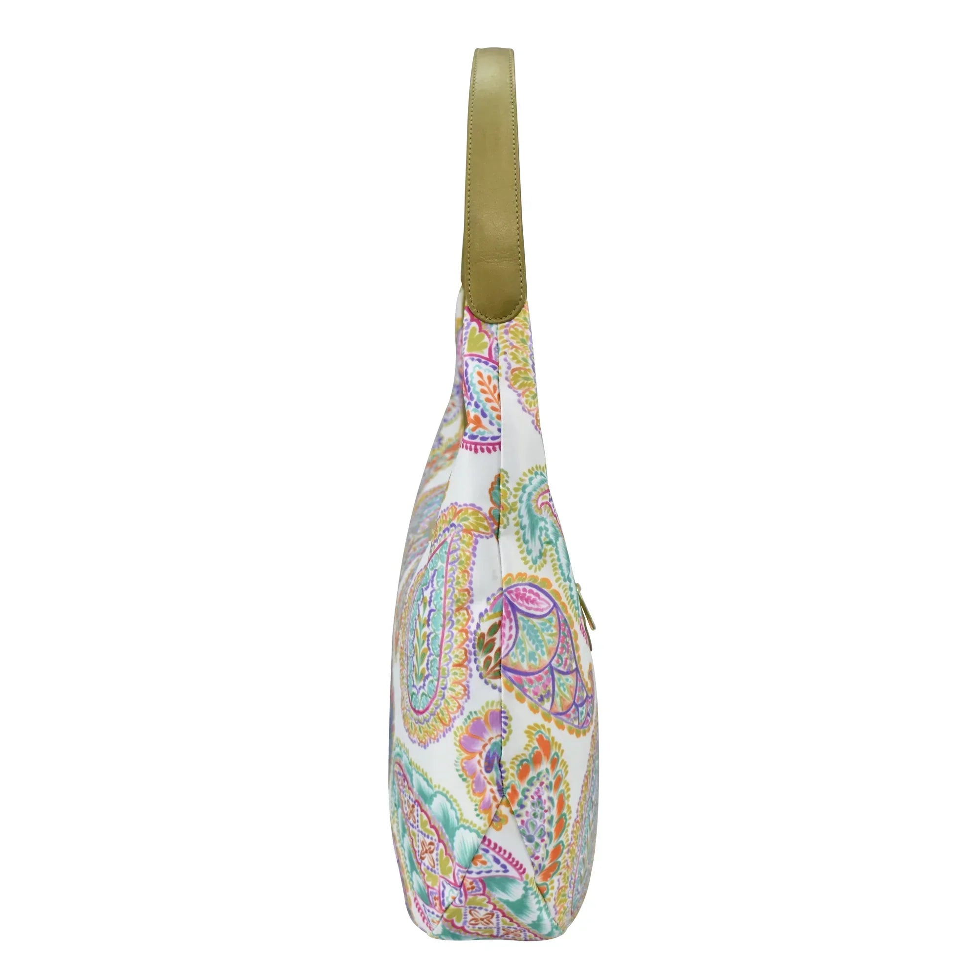 Side view of a white paisley-patterned Anuschka sling bag with green shoulder strap and zippered pockets.