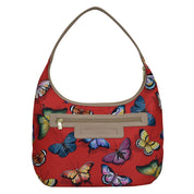 Butterfly Heaven Ruby Fabric with Leather Trim Large Sling Hobo - 12010