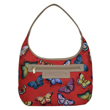Load image into Gallery viewer, Butterfly Heaven Ruby Fabric with Leather Trim Large Sling Hobo - 12010
