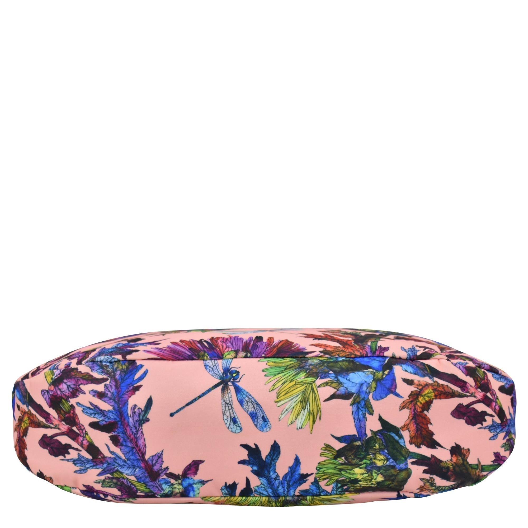Colorful floral and dragonfly patterned Anuschka Fabric with Leather Trim Large Sling Hobo - 12010 with shoulder strap.
