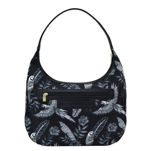 Jungle Macaws Fabric with Leather Trim Large Sling Hobo - 12010