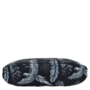 Black floral Anuschka clutch bag with a zippered pocket on a white background.