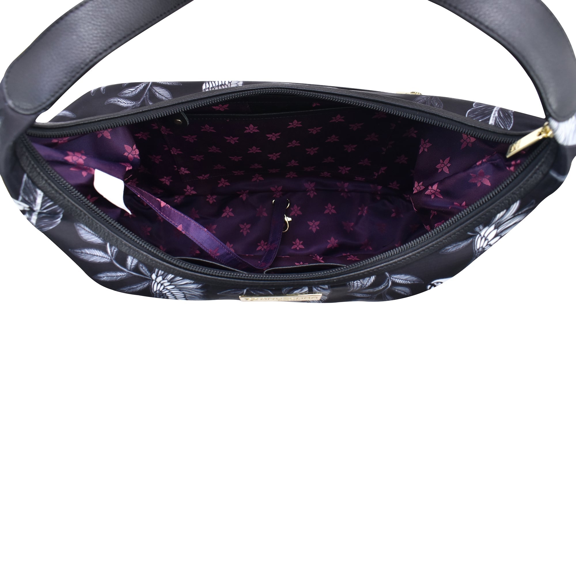 Anuschka Fabric with Leather Trim Large Sling Hobo - 12010, displayed open, featuring a zippered pocket.
