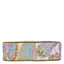 Load image into Gallery viewer, Colorful patterned Anuschka cosmetic bag with a white background and a zippered wall pocket.
