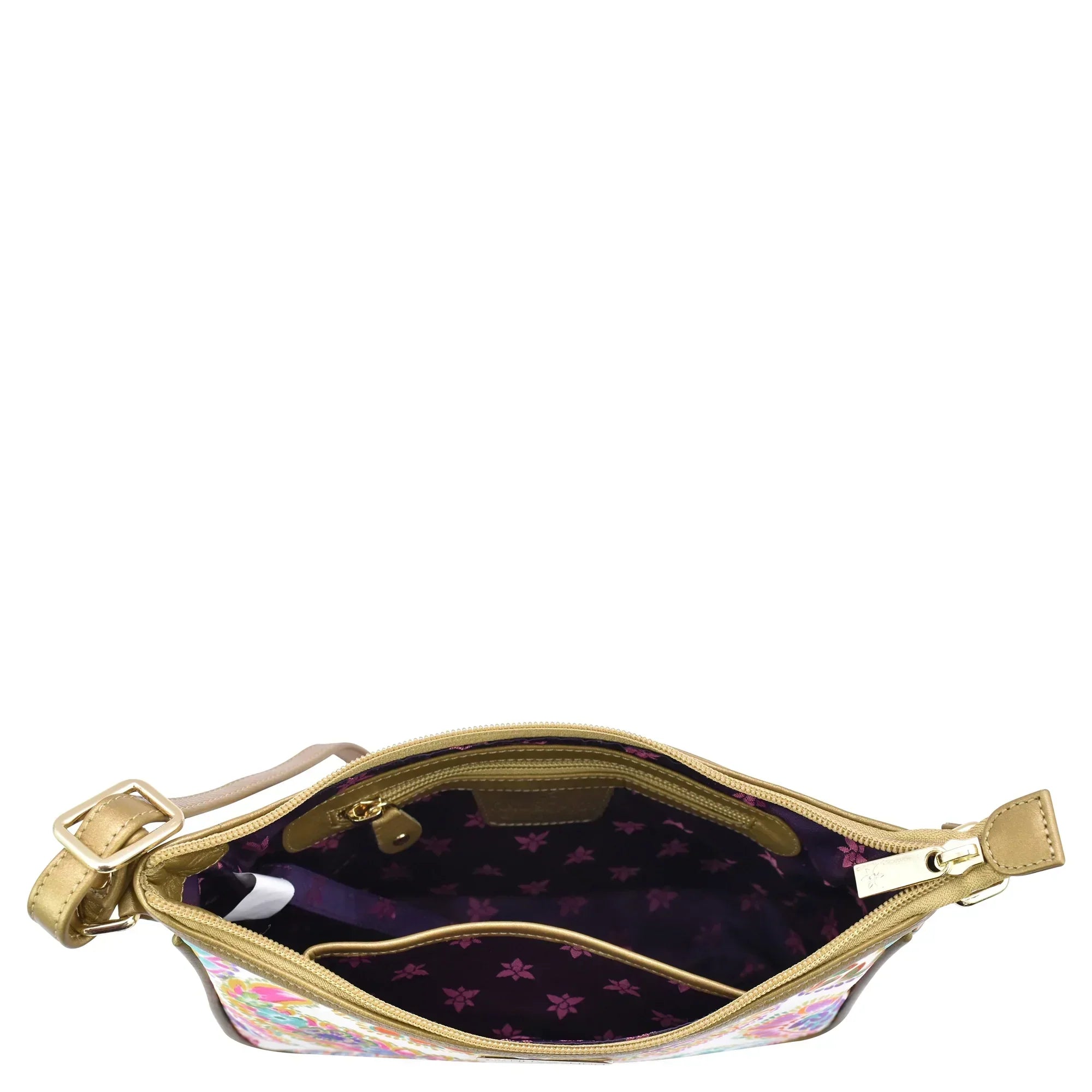 Open Anuschka Fabric with Leather Trim East/West Hobo - 12013 with adjustable handle drop isolated on white background with a view of the interior fabric pattern.