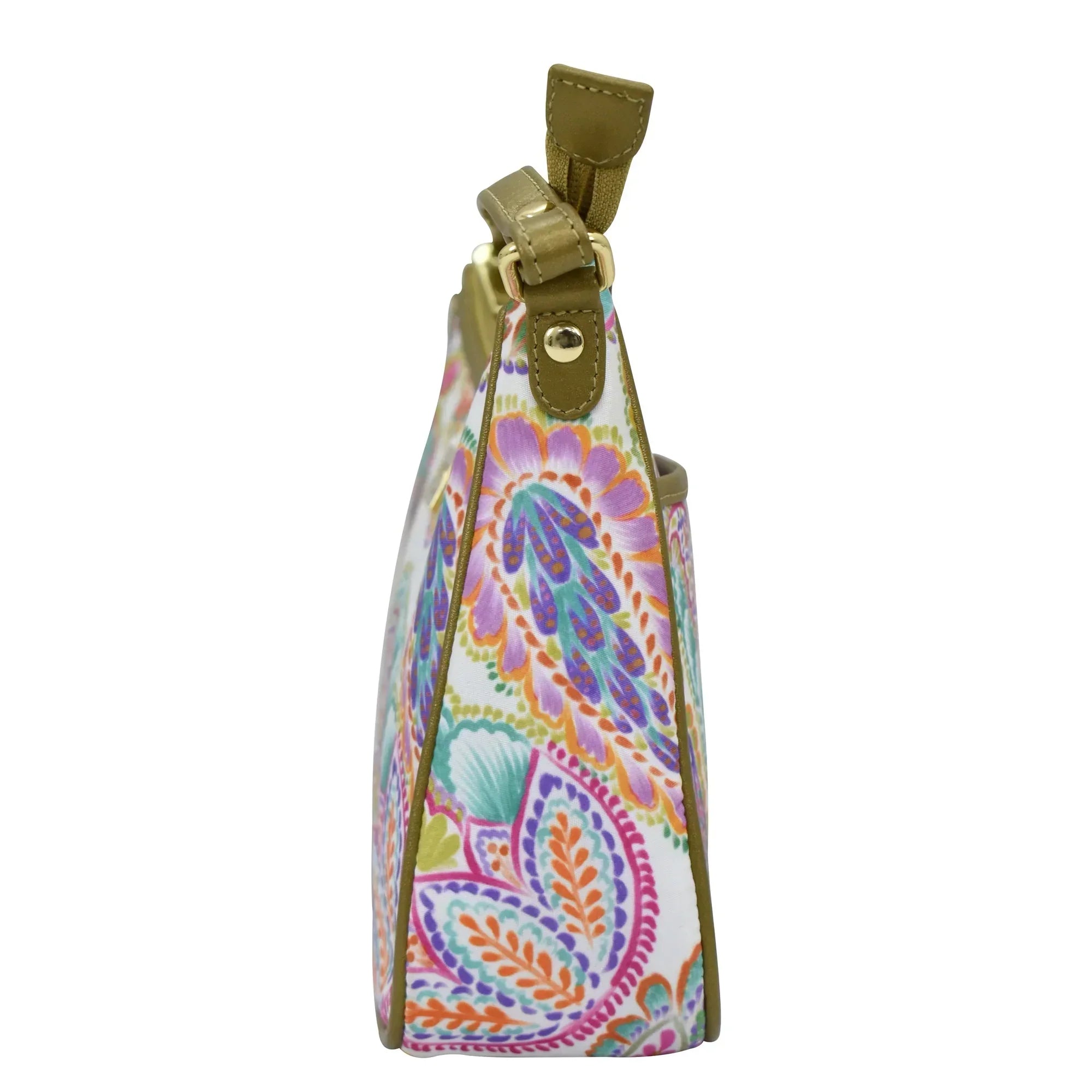 Patterned wristlet purse with an adjustable handle drop on a white background is the Fabric with Leather Trim East/West Hobo - 12013 by Anuschka.