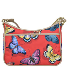 Load image into Gallery viewer, Butterfly Heaven ruby Fabric with Leather Trim East/West Hobo - 12013
