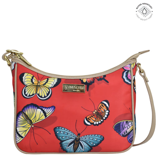 Butterfly Heaven ruby Fabric with Leather Trim East/West Hobo - 12013