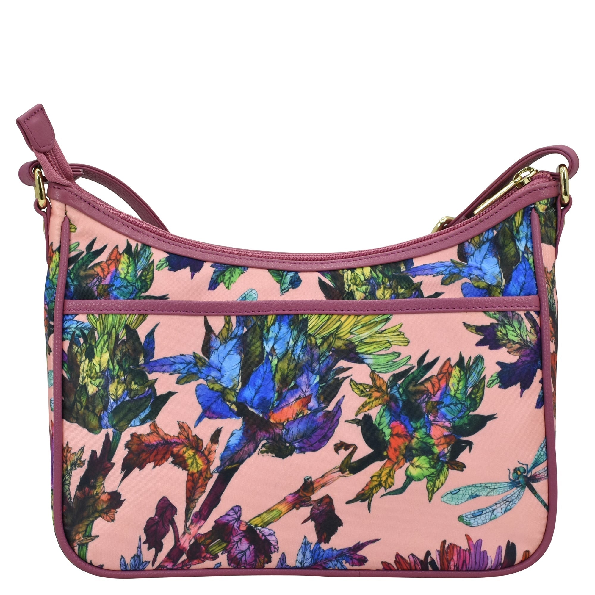 Dragonfly Garden Fabric with Leather Trim East/West Hobo - 12013