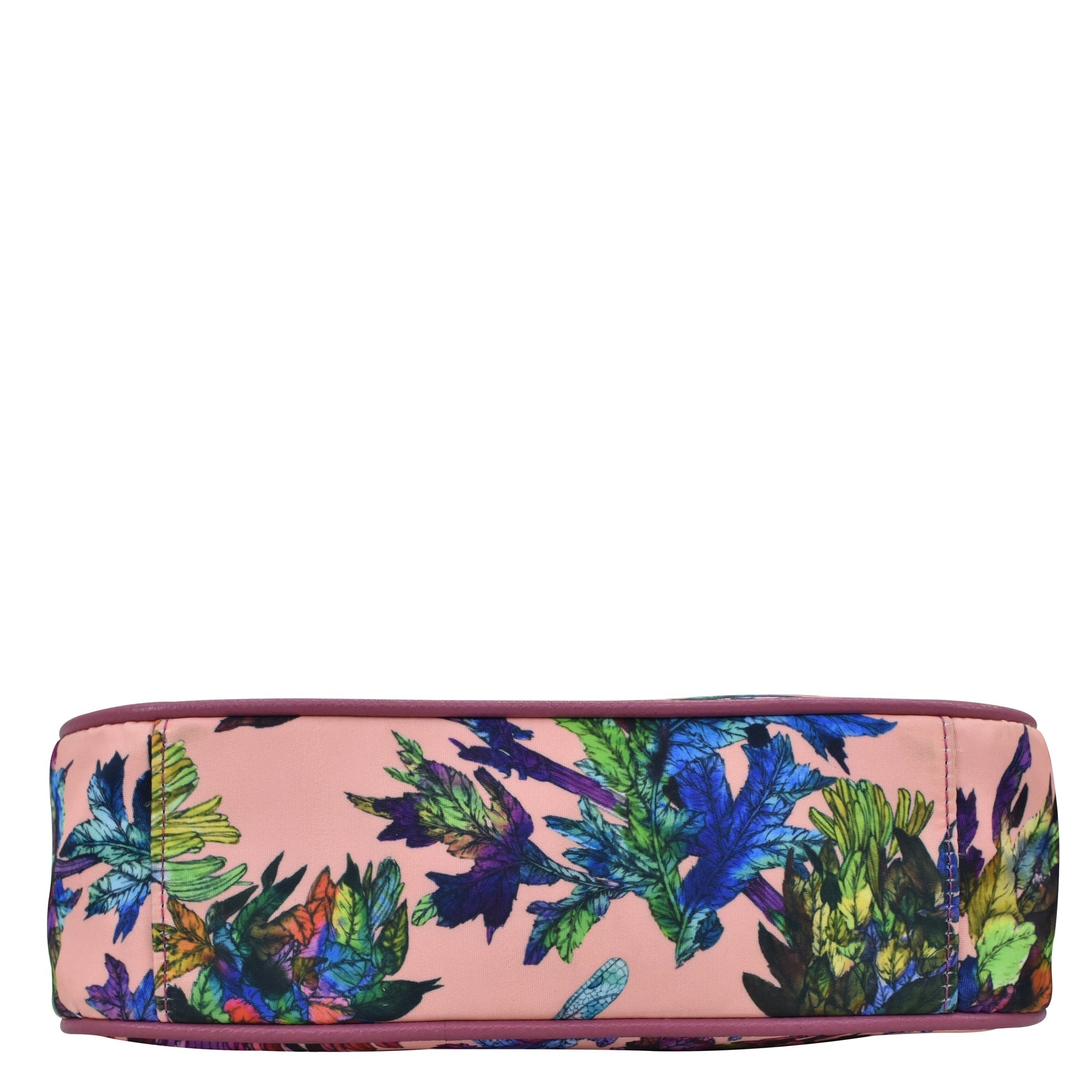 Floral printed cosmetic bag with a zippered wall pocket on a white background, Anuschka Fabric with Leather Trim East/West Hobo - 12013.