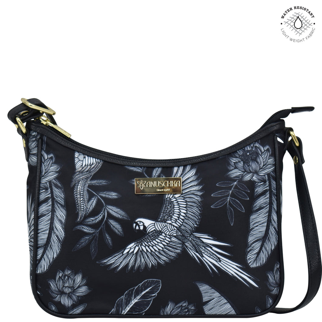 Jungle Macaws Fabric with Leather Trim East/West Hobo - 12013