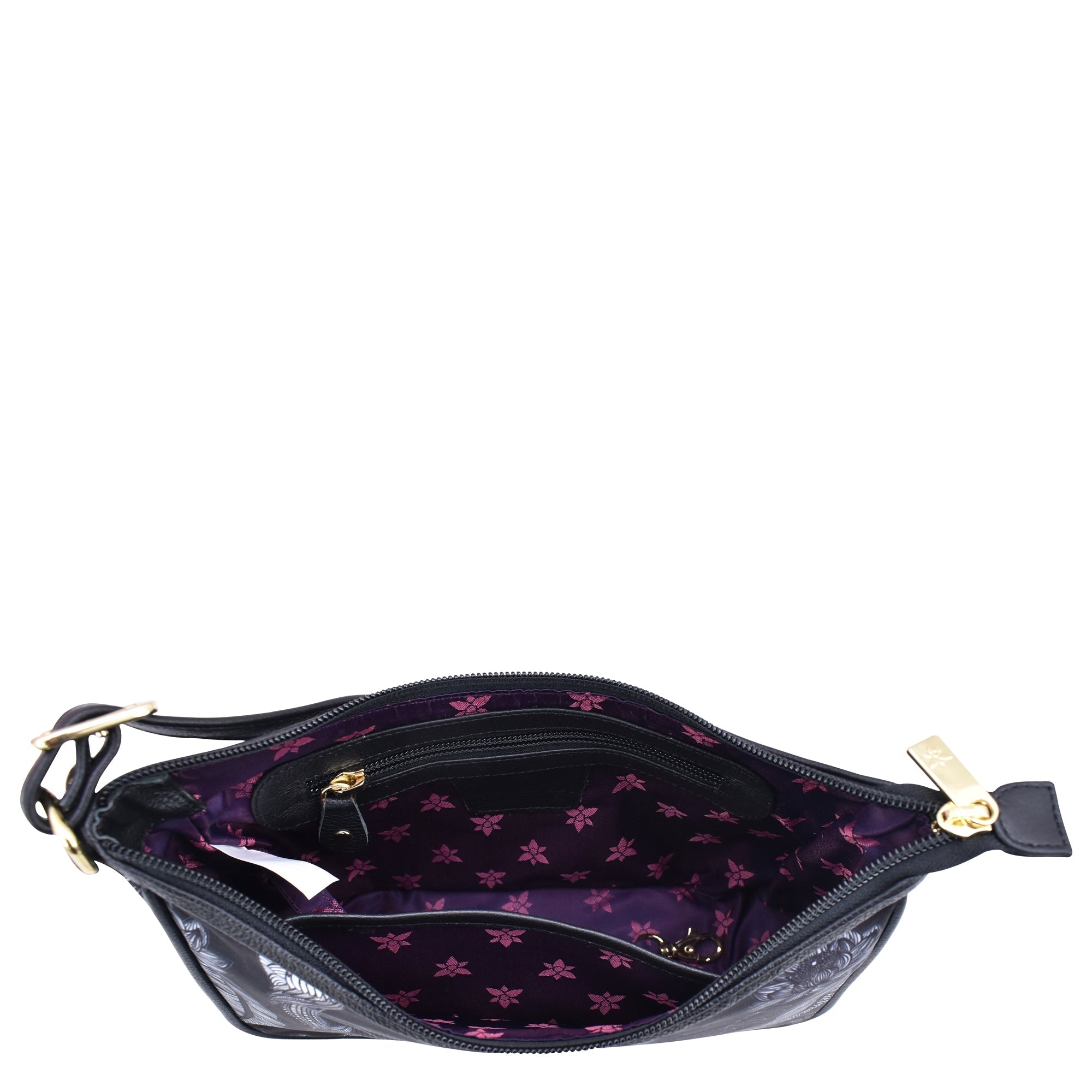Open Anuschka Fabric with Leather Trim East/West Hobo - 12013 displaying the interior pattern and compartments, including a zippered wall pocket, against a white background.