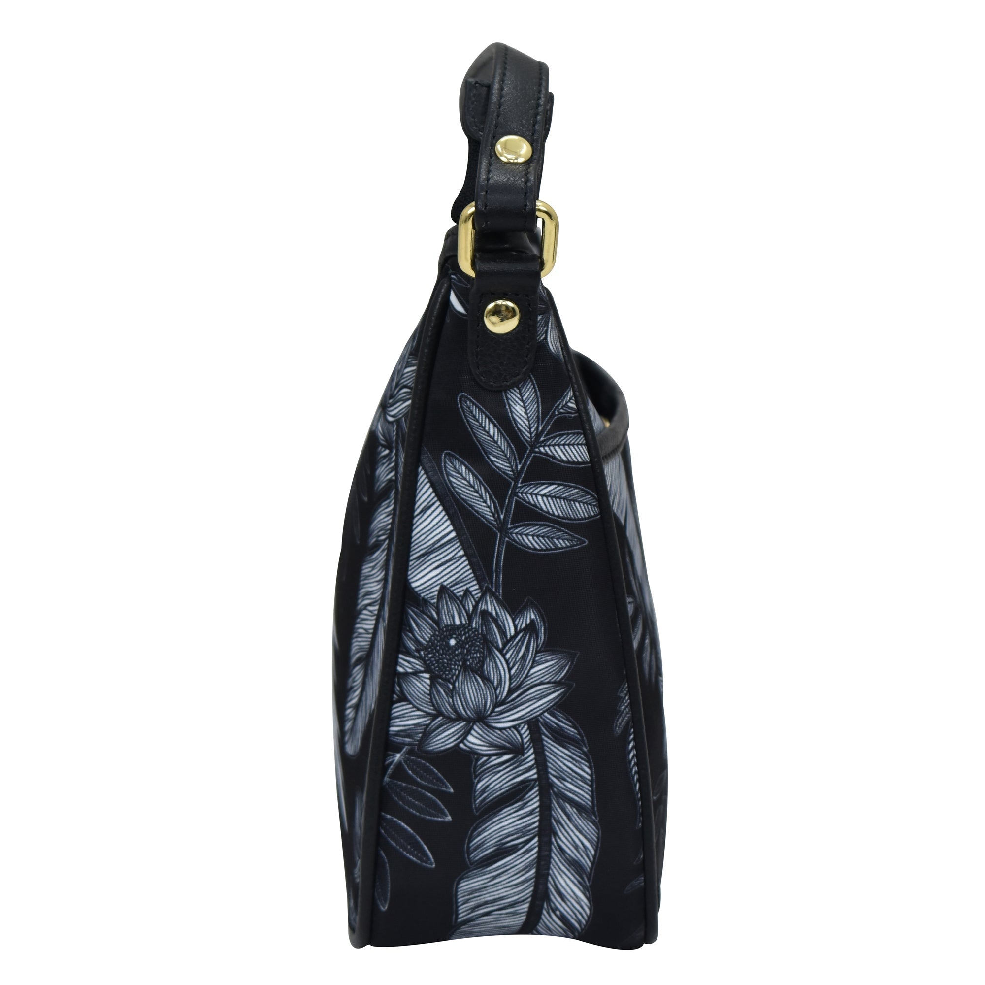 Side view of an Anuschka Fabric with Leather Trim East/West Hobo - 12013 handbag with a floral pattern and an adjustable handle drop.