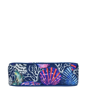 Colorful pencil case with marine life patterns on a white background, featuring a zippered wall pocket by Anuschka.