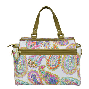Boho paisley Fabric with Leather Trim Multi Compartment Satchel - 12014