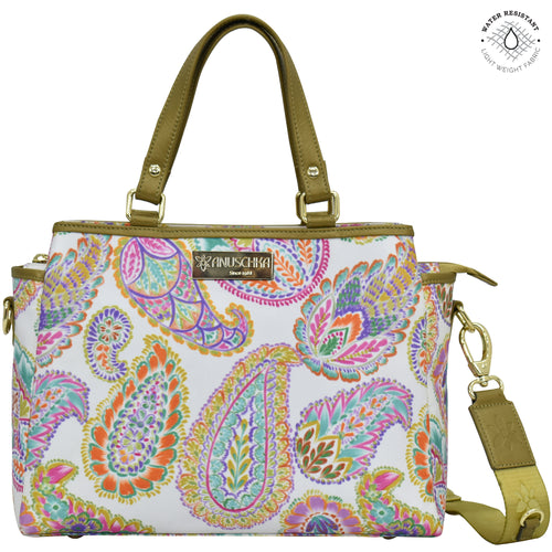 Boho paisley Fabric with Leather Trim Multi Compartment Satchel - 12014