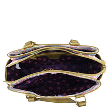 Load image into Gallery viewer, Open Anuschka handbag displaying interior compartments, zippered compartment, and lining.

