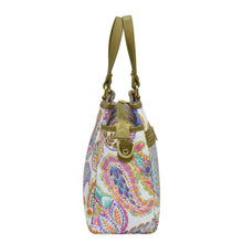 Load image into Gallery viewer, Colorful paisley-patterned Anuschka shoulder bag with an adjustable leather strap and metal clasp closure.
