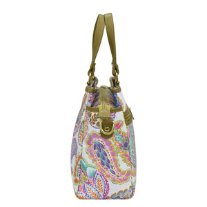 Colorful paisley-patterned Anuschka shoulder bag with an adjustable leather strap and metal clasp closure.