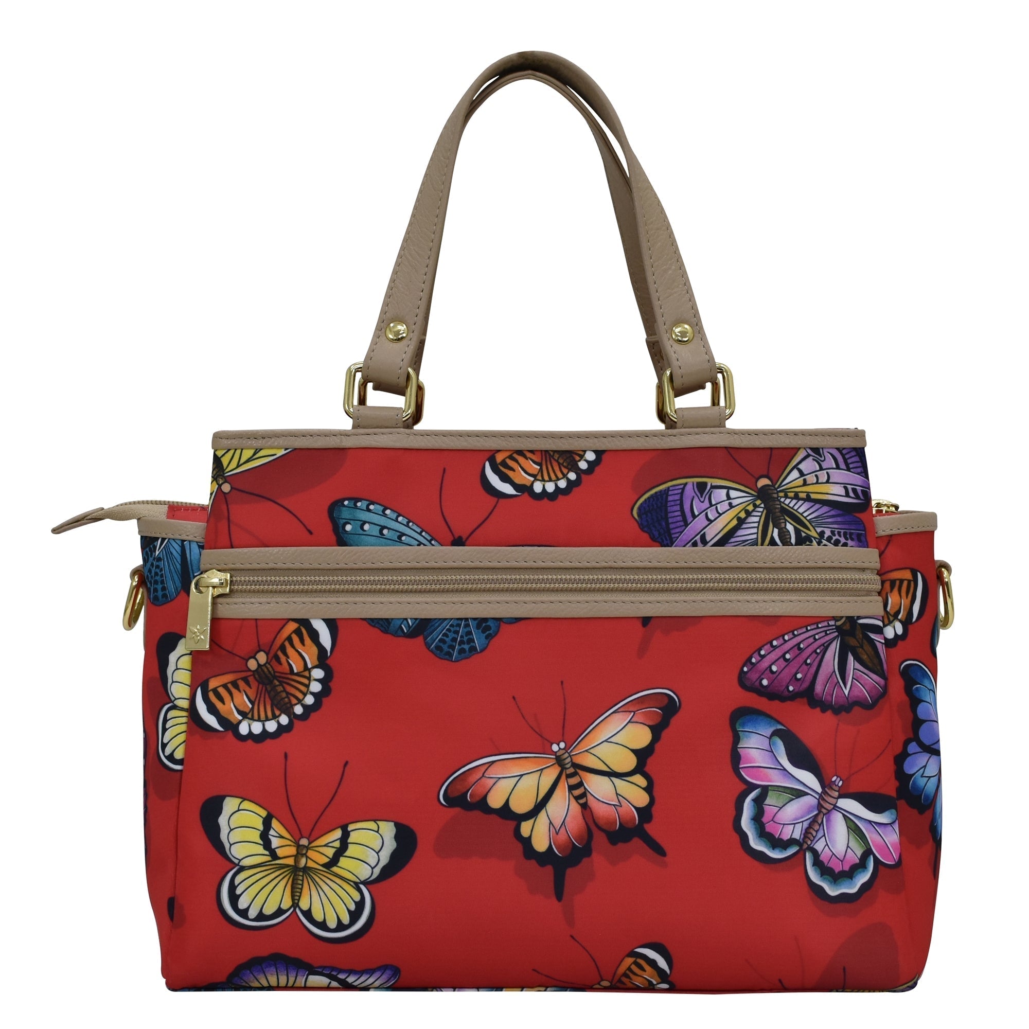 Butterfly Heaven Ruby Fabric with Leather Trim Multi Compartment Satchel - 12014