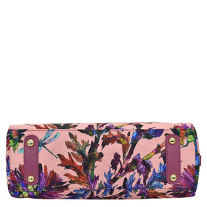 Anuschka's Fabric with Leather Trim Multi Compartment Satchel - 12014 featuring a floral-print clutch with pink background, purple accent details, and zippered compartment.