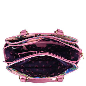 Open Anuschka Fabric with Leather Trim Multi Compartment Satchel - 12014 displaying internal zippered compartment and floral lining.