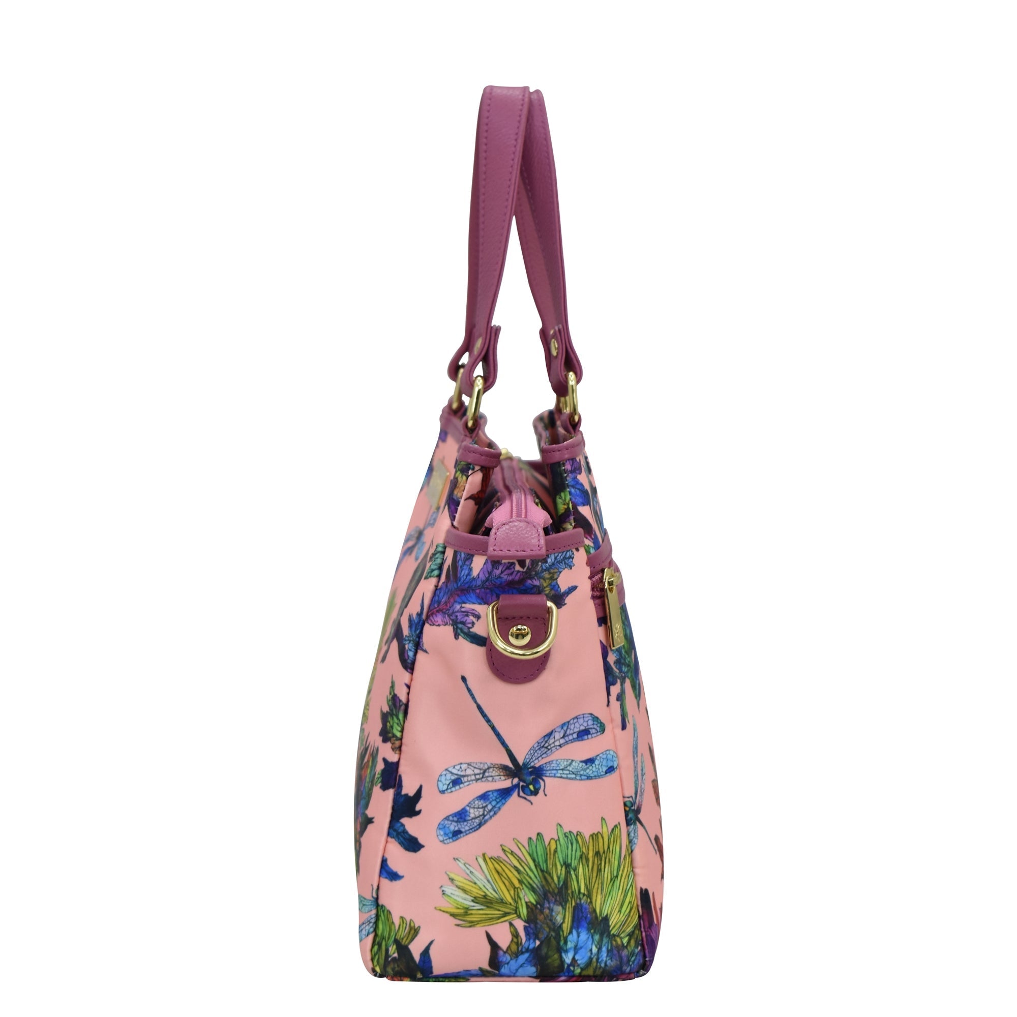 An Anuschka Fabric with Leather Trim Multi Compartment Satchel - 12014 with a dragonfly and floral print, featuring an adjustable strap.