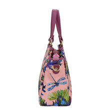 Load image into Gallery viewer, An Anuschka Fabric with Leather Trim Multi Compartment Satchel - 12014 with a dragonfly and floral print, featuring an adjustable strap.
