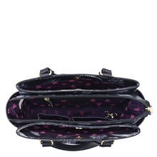 Load image into Gallery viewer, Open Anuschka Fabric with Leather Trim Multi Compartment Satchel - 12014 with a purple interior, a patterned lining, and an adjustable strap.
