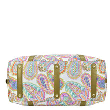 Load image into Gallery viewer, A Fabric with Leather Trim Great Escape Duffle - 12016 by Anuschka with a paisley pattern and a zippered pocket.
