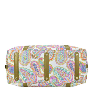 A Fabric with Leather Trim Great Escape Duffle - 12016 by Anuschka with a paisley pattern and a zippered pocket.