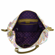 Load image into Gallery viewer, Open Anuschka Fabric with Leather Trim Great Escape Duffle - 12016 revealing internal compartments, a zippered pocket, and purple lining.
