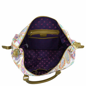Open Anuschka Fabric with Leather Trim Great Escape Duffle - 12016 revealing internal compartments, a zippered pocket, and purple lining.