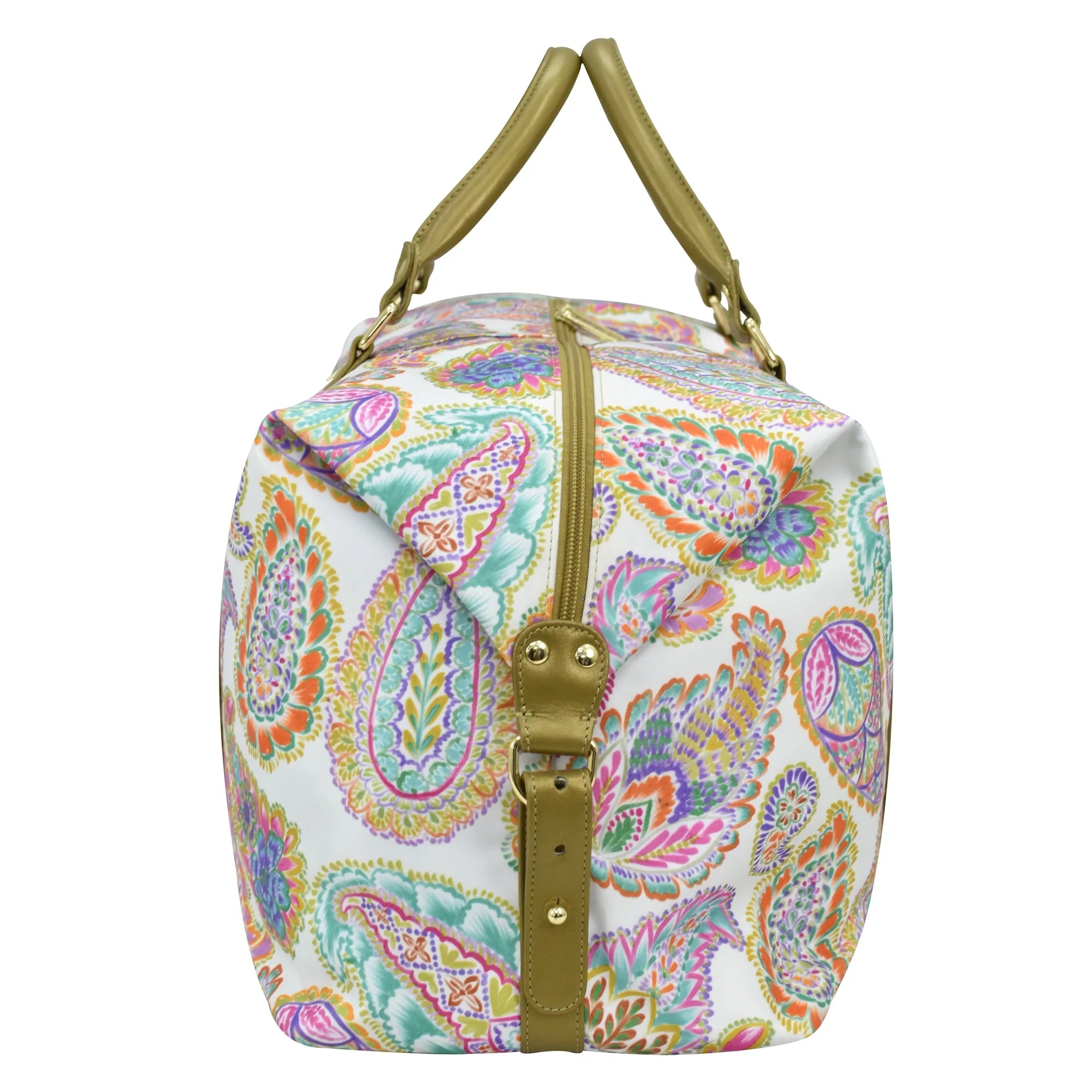 Anuschka Fabric with Leather Trim Great Escape Duffle - 12016 with zipper closure, leather strap details, and an internal zippered pocket.