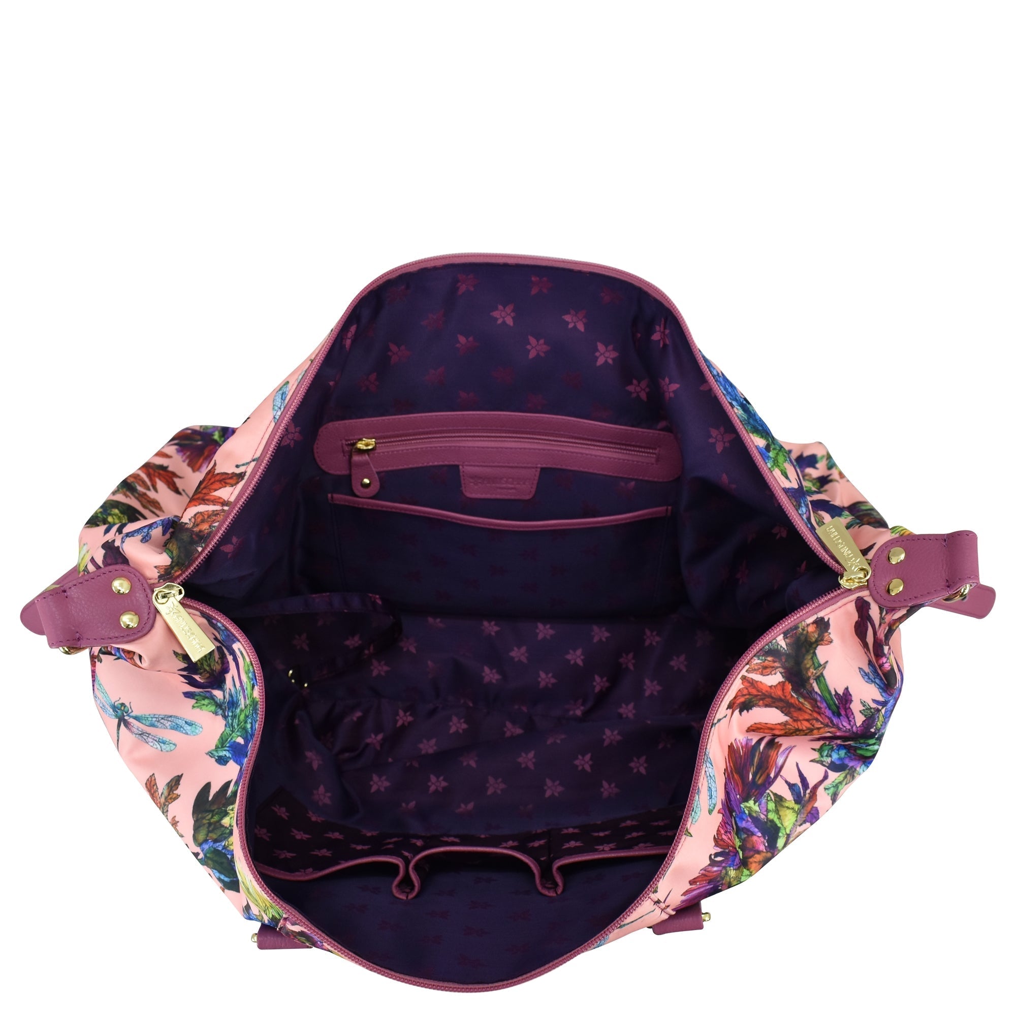 Open Anuschka Fabric with Leather Trim Great Escape Duffle - 12016 handbag with visible interior pockets and compartments, including a zippered pocket, isolated on a white background.