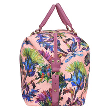 Load image into Gallery viewer, Anuschka Fabric with Leather Trim Great Escape Duffle - 12016 handbag with pink handles and a crossbody strap featuring a floral and butterfly print on a white background.
