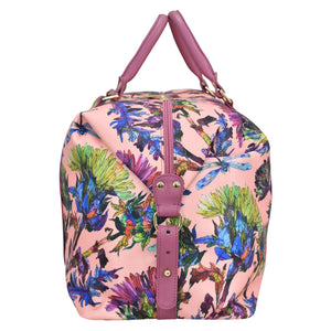 Anuschka Fabric with Leather Trim Great Escape Duffle - 12016 handbag with pink handles and a crossbody strap featuring a floral and butterfly print on a white background.
