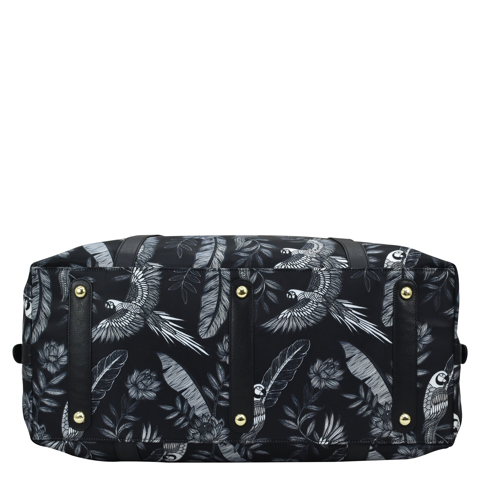 Anuschka Fabric with Leather Trim Great Escape Duffle - 12016 with a white bird and foliage print, featuring a zippered pocket.